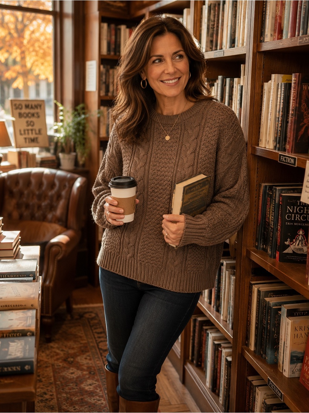 Ann Taylor Cable Knit Crewneck Sweater in Warm Brown small